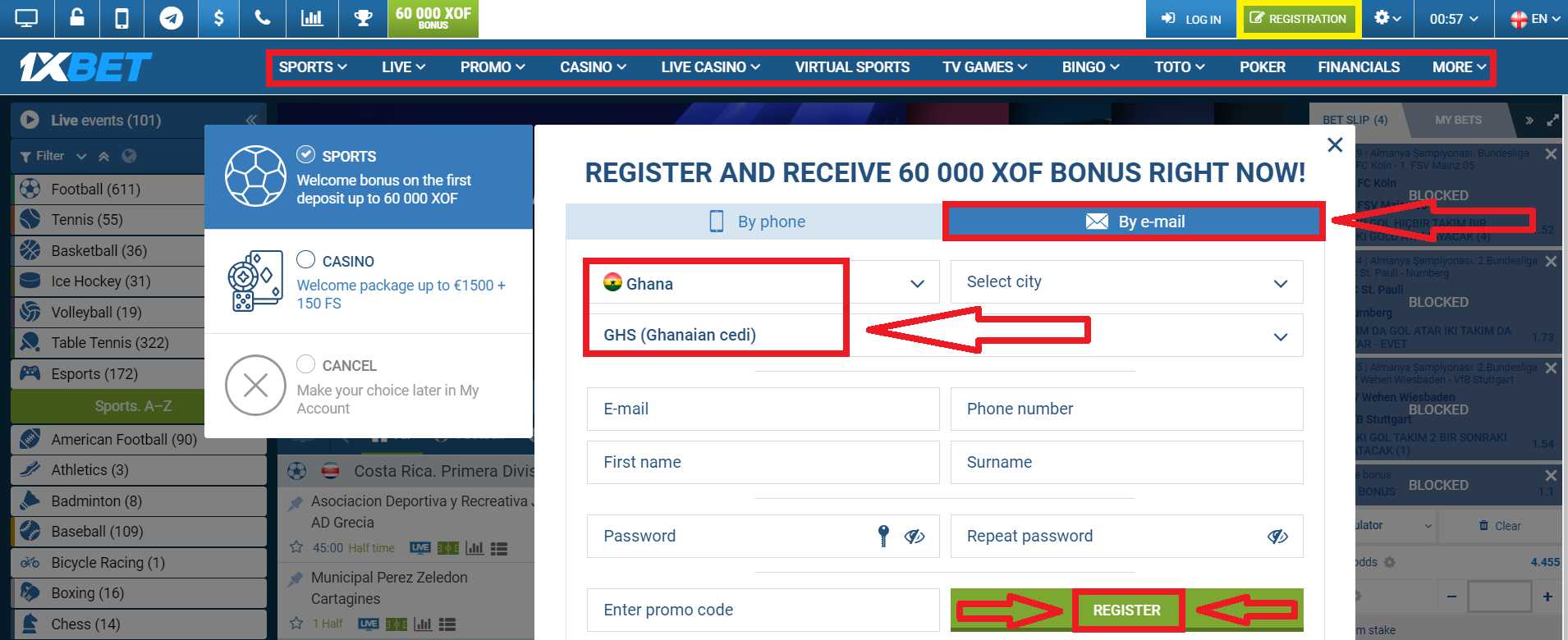 1xBet Ghana Registration